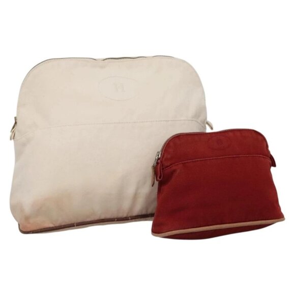 HERMES Bolide Pouch Canvas 2Set Beige Red Silver Auth - Picture 1 of 15
